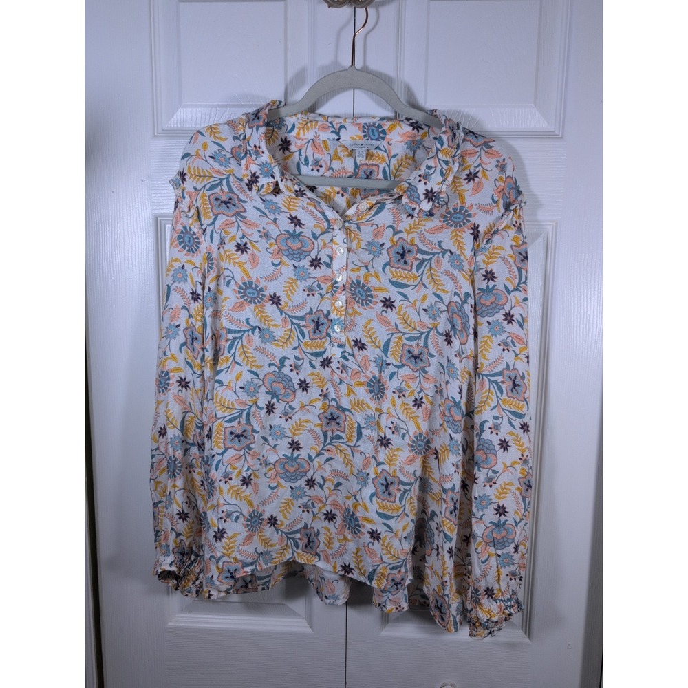 Lucky Brand Ditzy Floral Gauze 1/4th Button Ruffle Collar Shirt Womens L